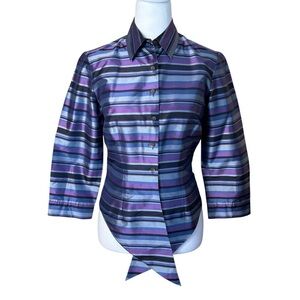 Ann Taylor Purple Blue Striped Silk Blouse Button Up Top Tie Front Size 4 Career